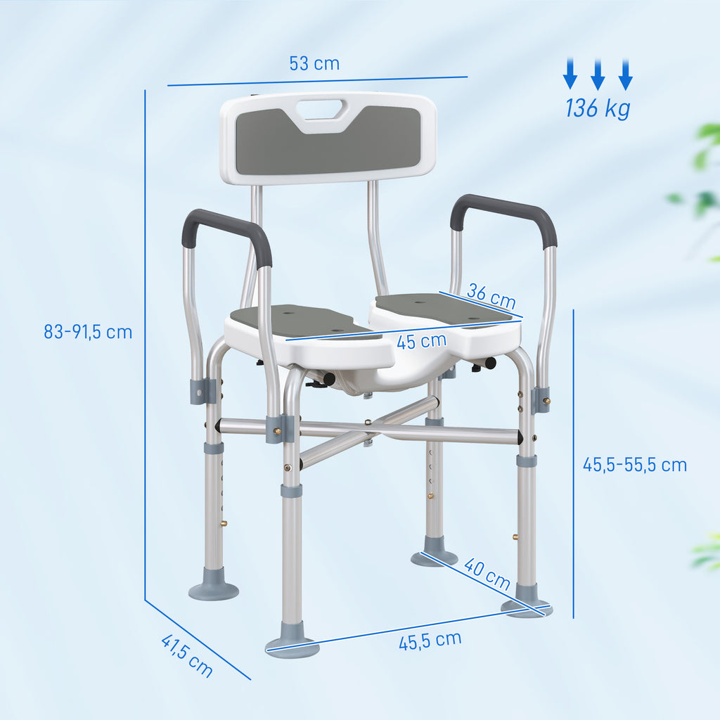 Tabouret de douche, tabouret de bain avec siège rembourrée en U amélioré et accoudoirs, hauteur réglable, gris-2