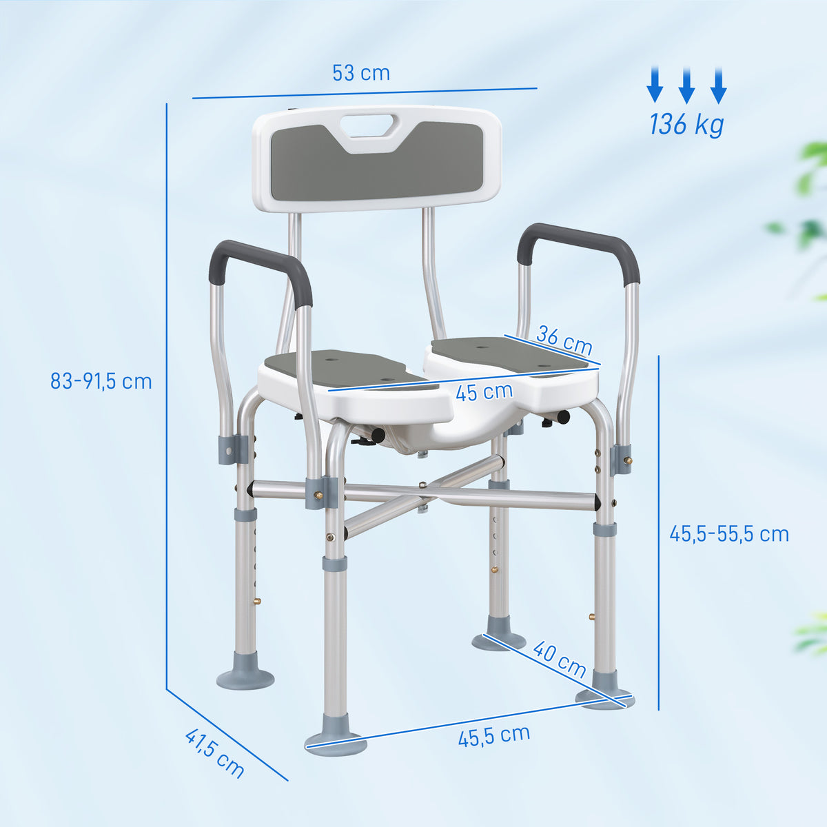 Tabouret de douche, tabouret de bain avec siège rembourrée en U amélioré et accoudoirs, hauteur réglable, gris-2
