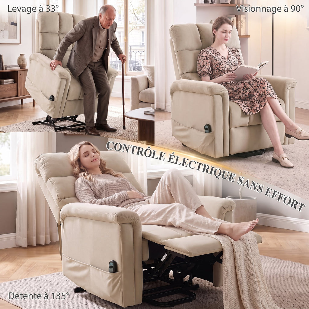Fauteuil releveur électrique en velours avec télécommande – marron
