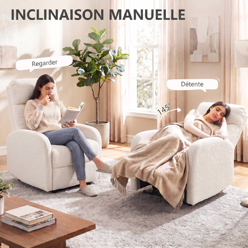 Fauteuil Relax Inclinable, Fauteuil de Relaxation en Peluche Teddy, Assise à Ressorts, Accoudoirs Rembourrés, Crème-3