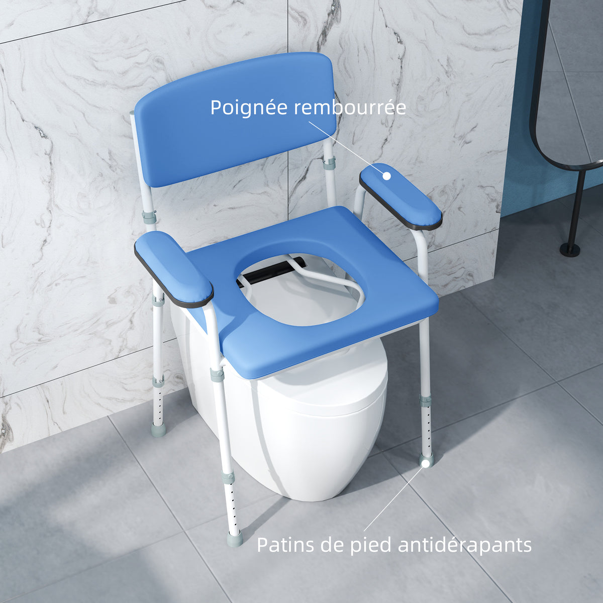 Chaise percée toilette multifonctions seau amovible hauteur réglable avec dossier siège et accoudoirs rembourrés bleu-5