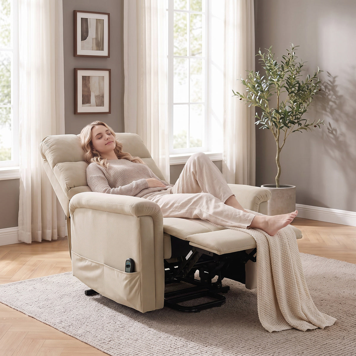 Fauteuil releveur électrique en velours avec télécommande – marron