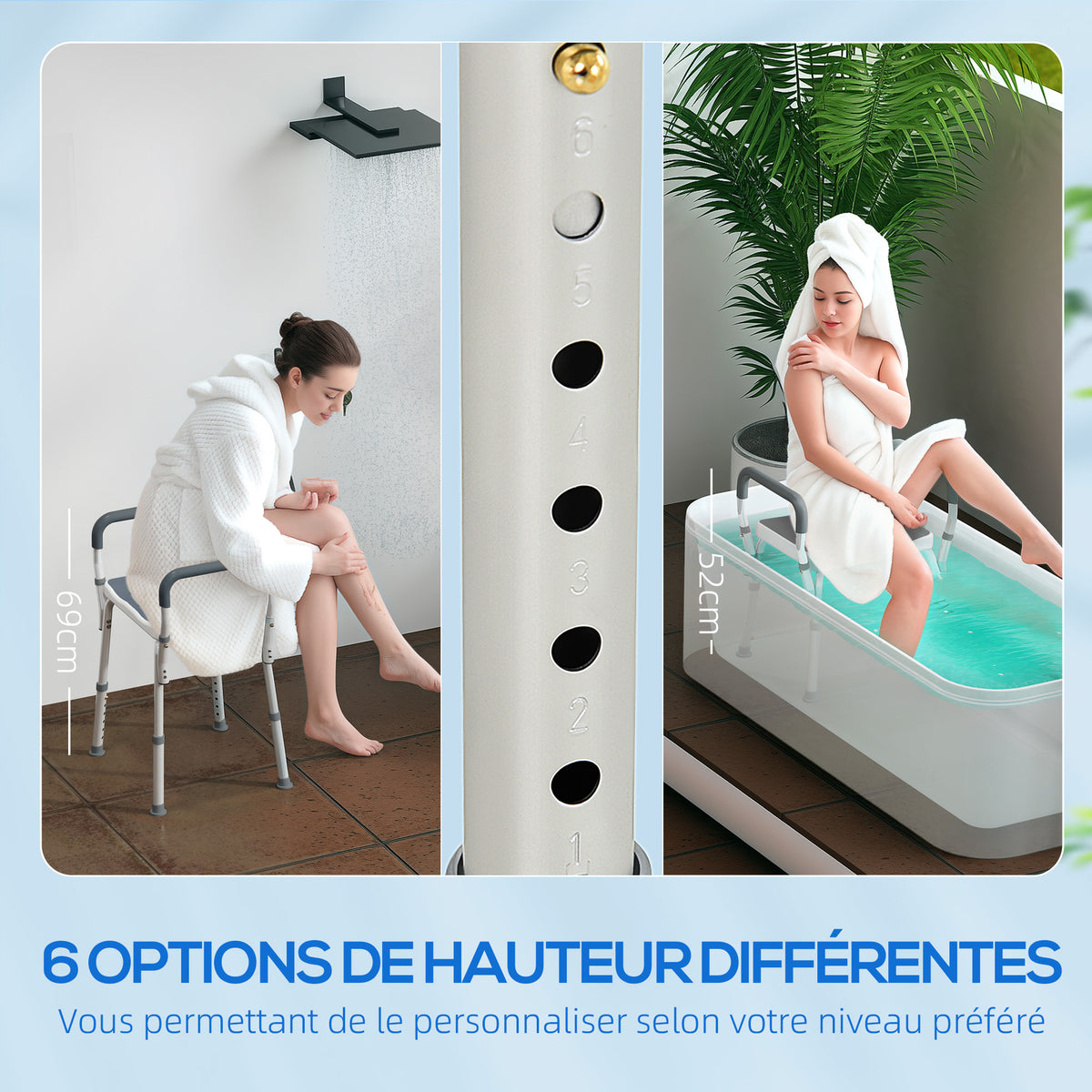 Tabouret de douche réglable avec accoudoirs