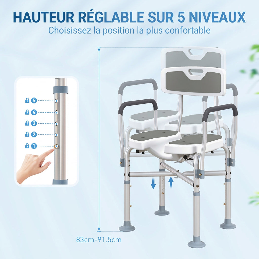Tabouret de douche, tabouret de bain avec siège rembourrée en U amélioré et accoudoirs, hauteur réglable, gris-4