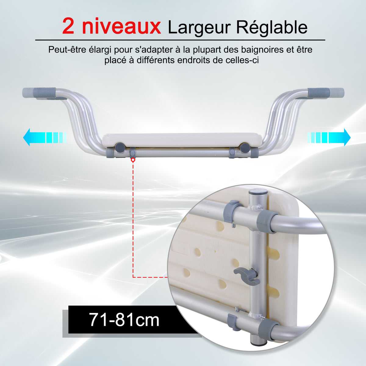 Siège Baignoire - siège Bain Suspendu réglable - Tabouret Salle Bain - 73-83x22x18cm - alu. HDPE Blanc-3
