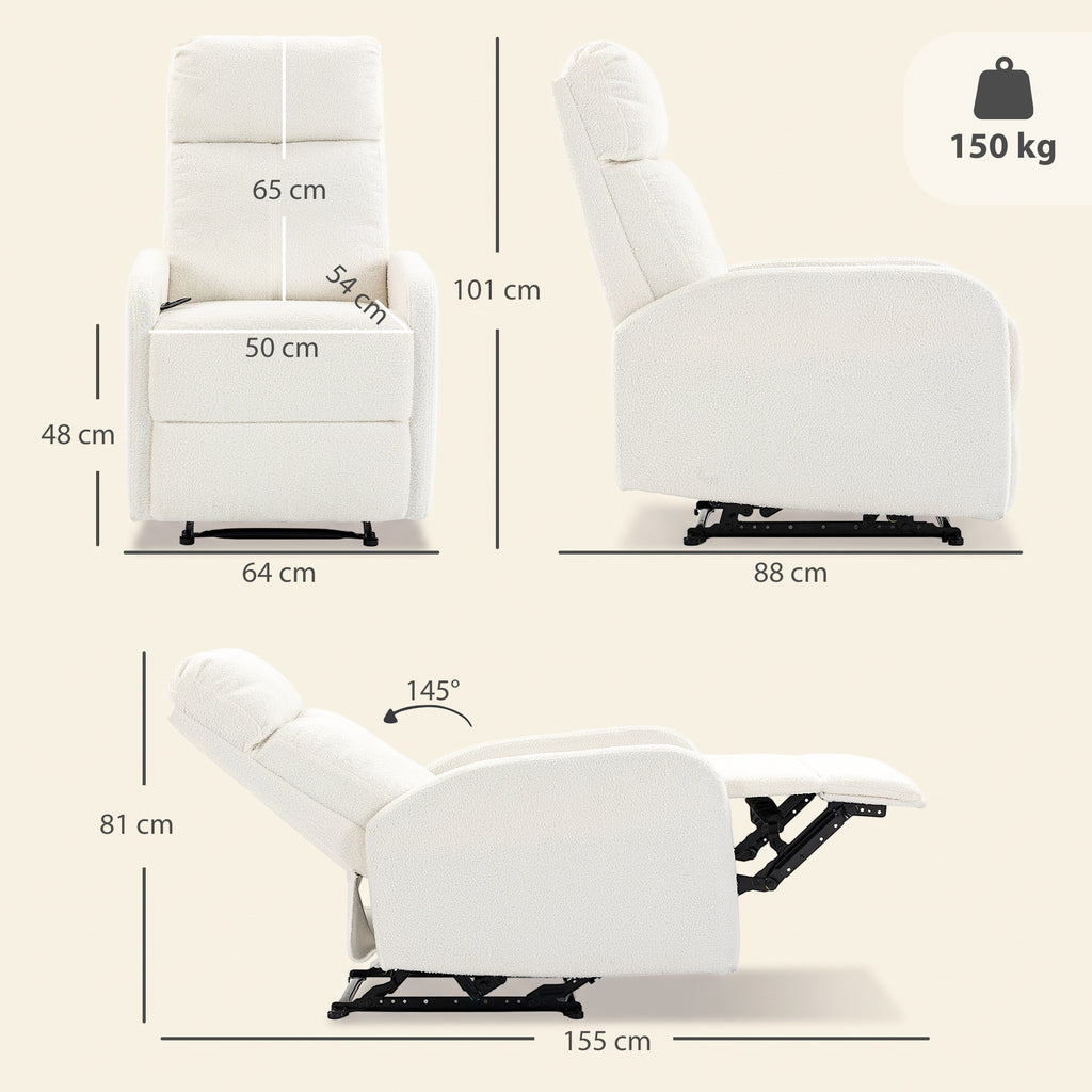 Fauteuil Relax Inclinable, Fauteuil de Relaxation en Peluche Teddy, Assise à Ressorts, Accoudoirs Rembourrés, Crème-2