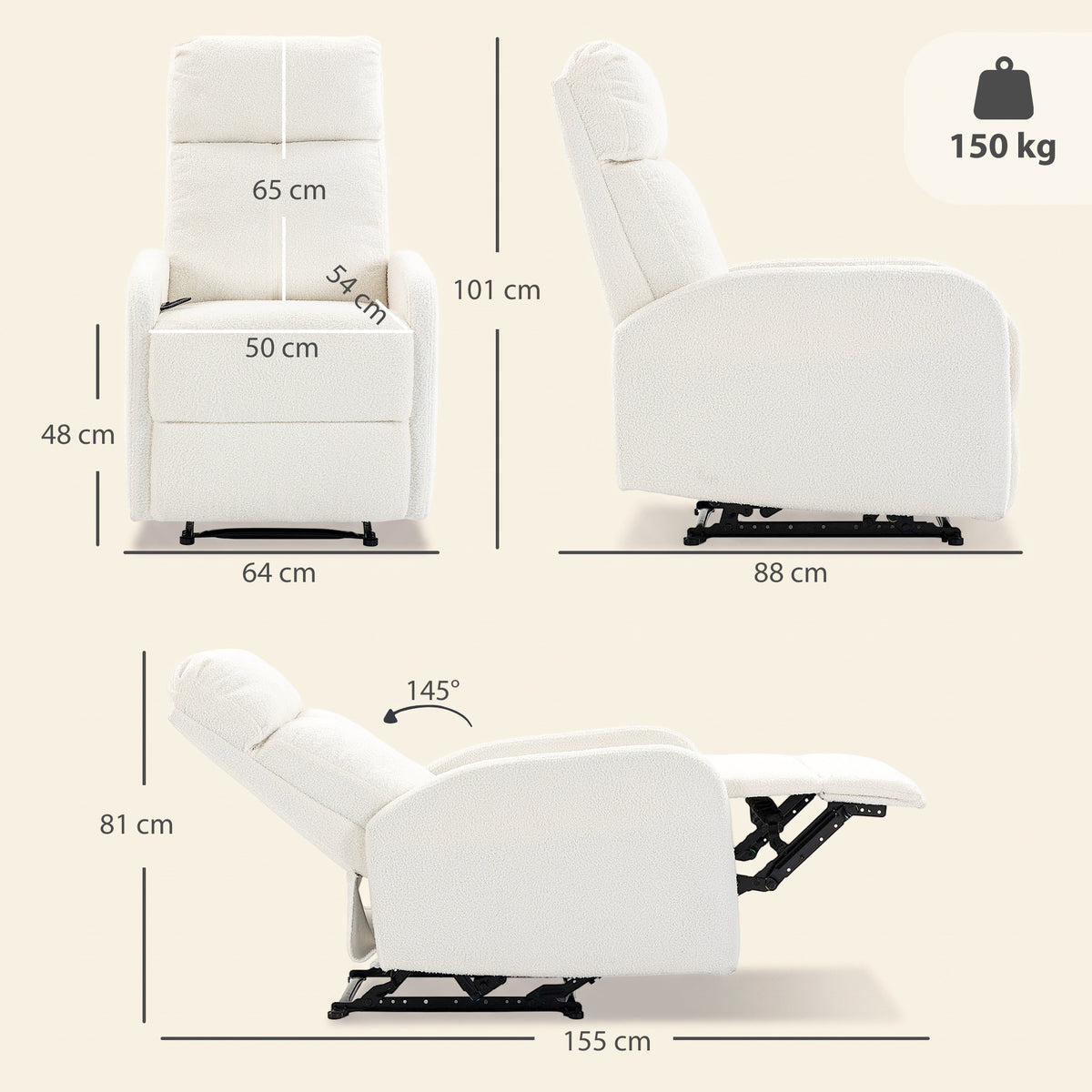 Fauteuil Relax Inclinable, Fauteuil de Relaxation en Peluche Teddy, Assise à Ressorts, Accoudoirs Rembourrés, Crème-2