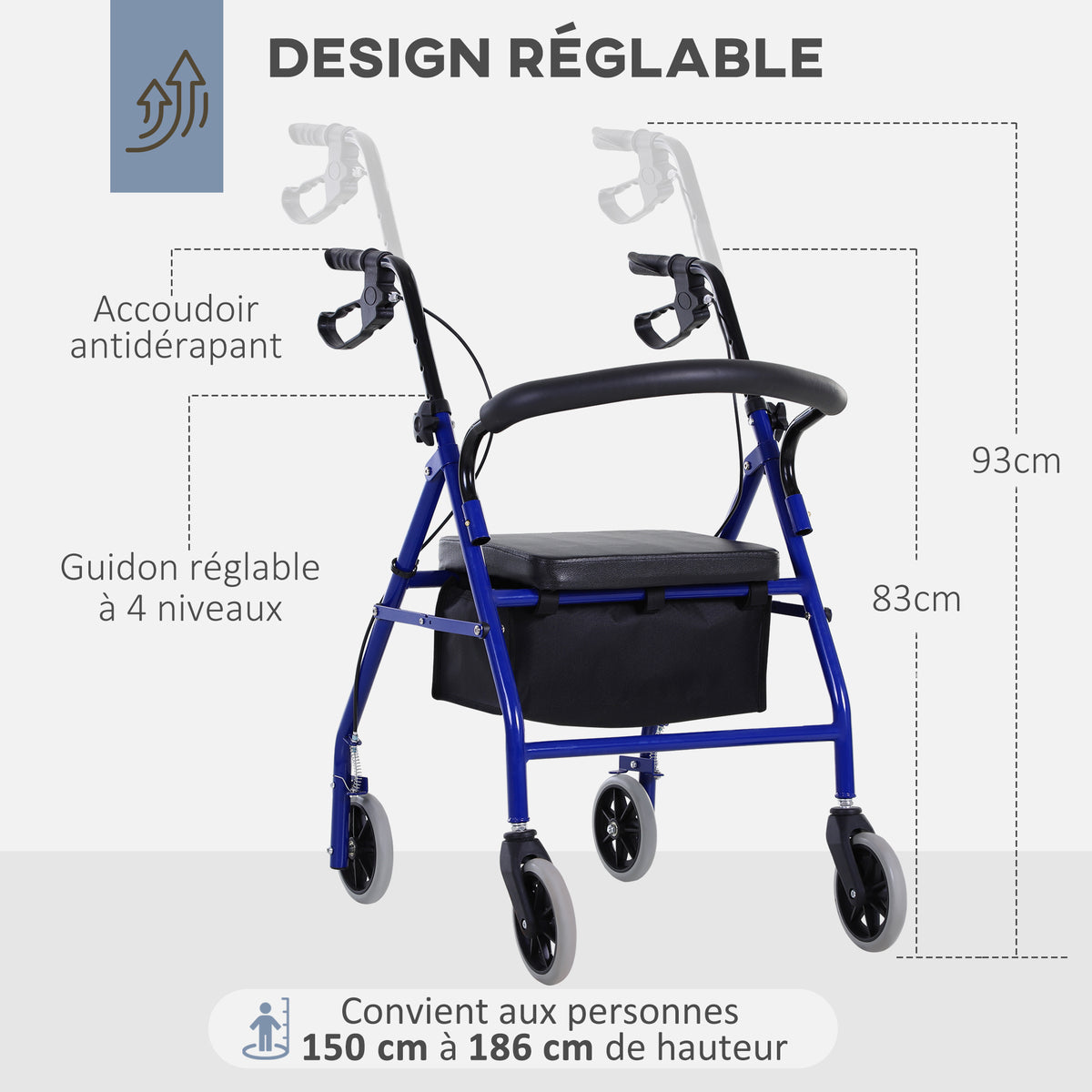 Déambulateur 4 roues - déambulateur pliable léger - assise + dossier rembourré - poignées ergonomiques, freins à main - panier rangement - métal bleu-5