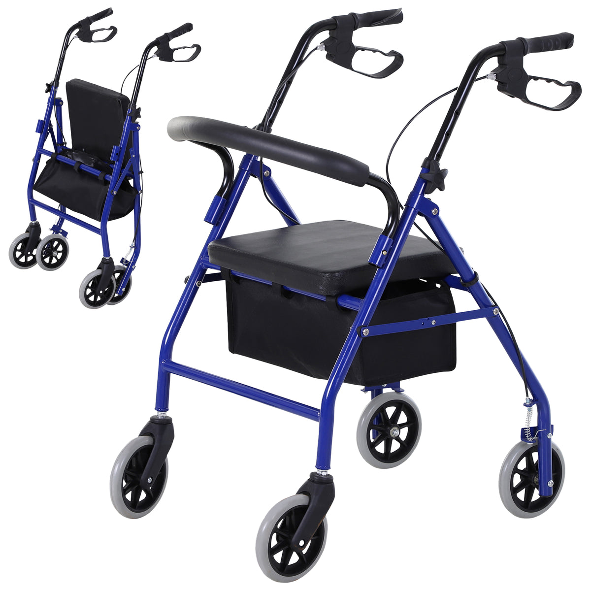 Déambulateur 4 roues - déambulateur pliable léger - assise + dossier rembourré - poignées ergonomiques, freins à main - panier rangement - métal bleu-0