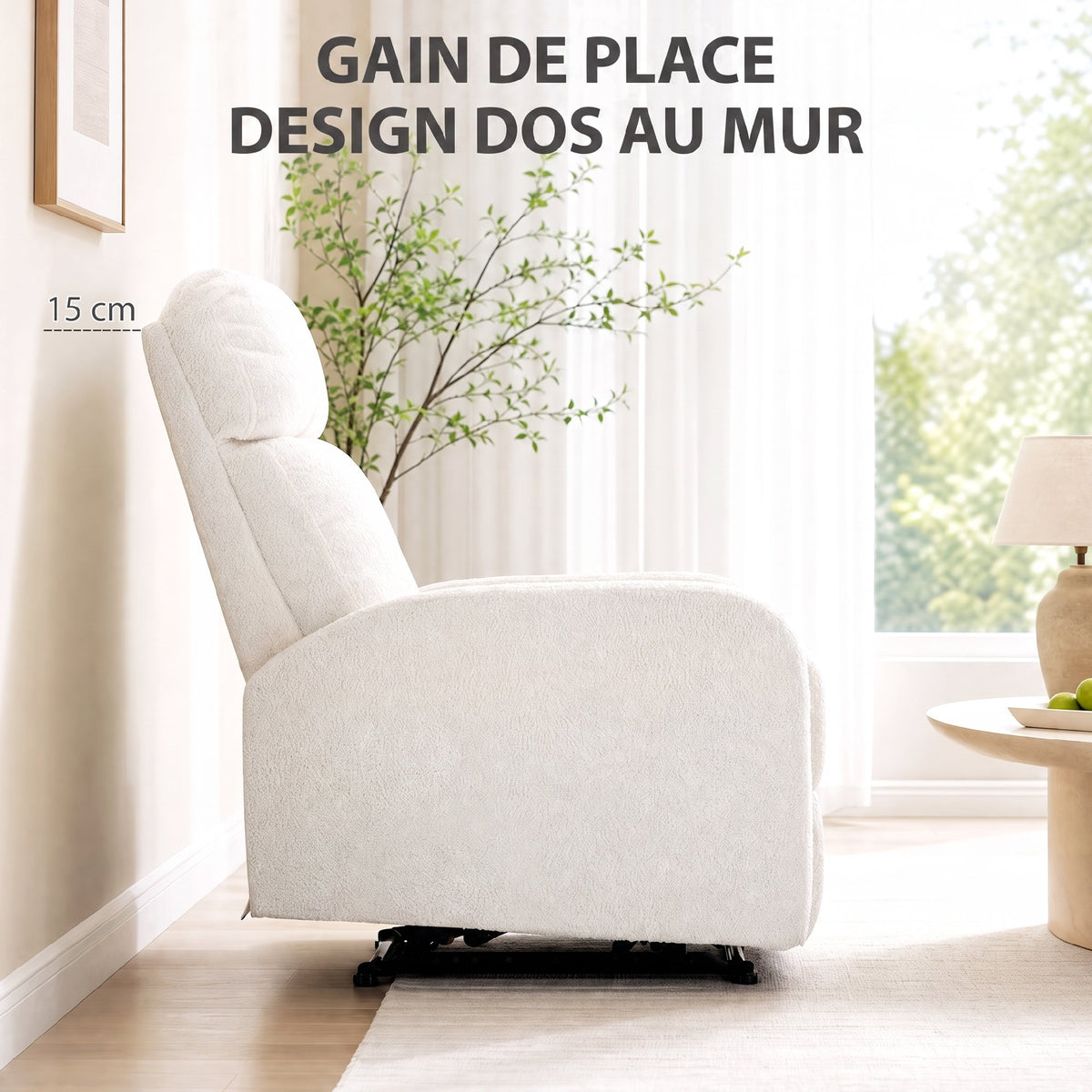 Fauteuil Relax Inclinable, Fauteuil de Relaxation en Peluche Teddy, Assise à Ressorts, Accoudoirs Rembourrés, Crème-5