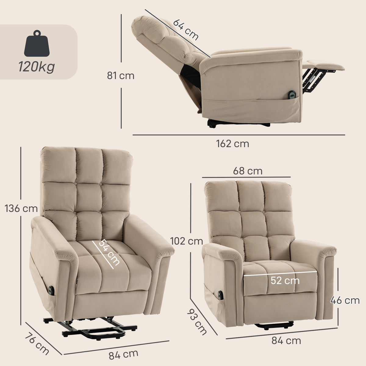 Fauteuil releveur électrique en velours avec télécommande – marron