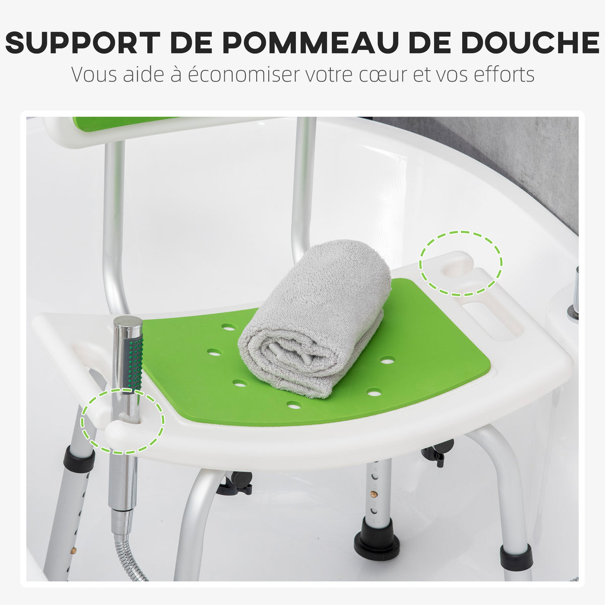 Tabouret de douche réglable avec support de pommeau