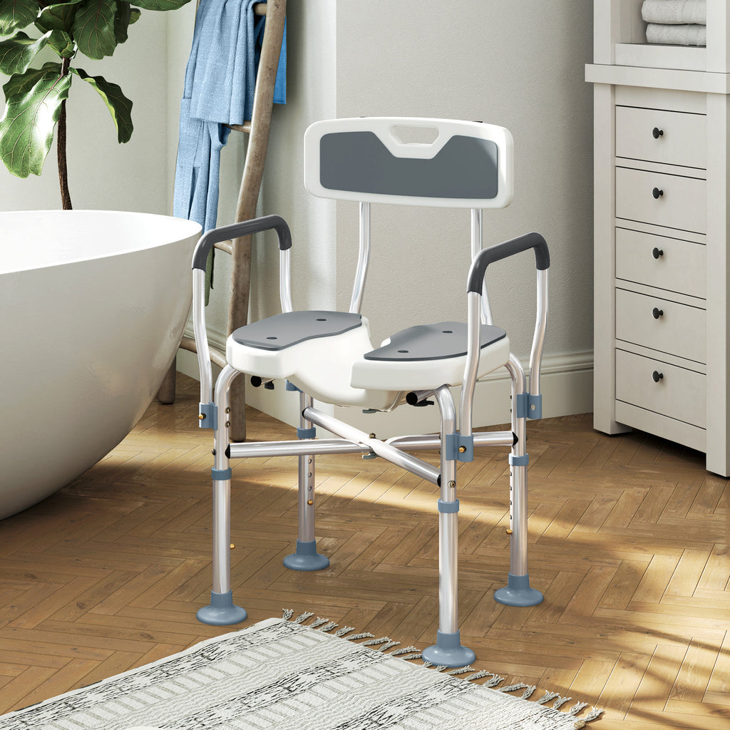 Tabouret de douche, tabouret de bain avec siège rembourrée en U amélioré et accoudoirs, hauteur réglable, gris-1