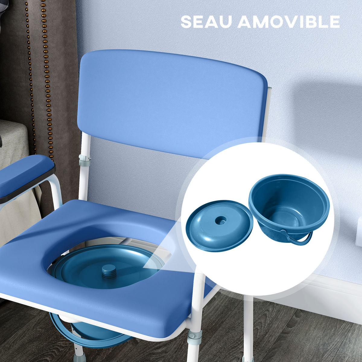Chaise percée toilette multifonctions seau amovible hauteur réglable avec dossier siège et accoudoirs rembourrés bleu-6