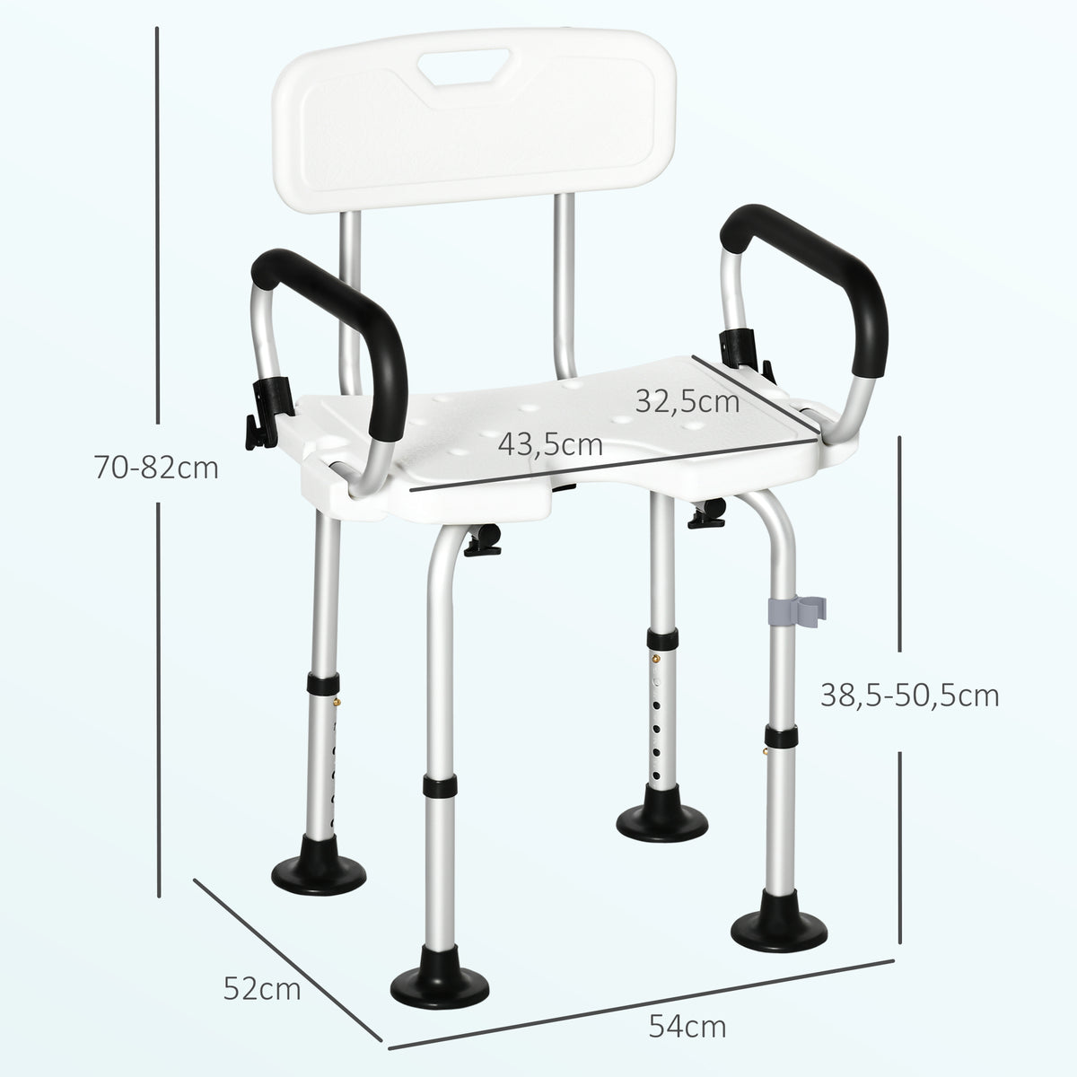 Chaise de douche réglable avec dossier et accoudoirs rabattables