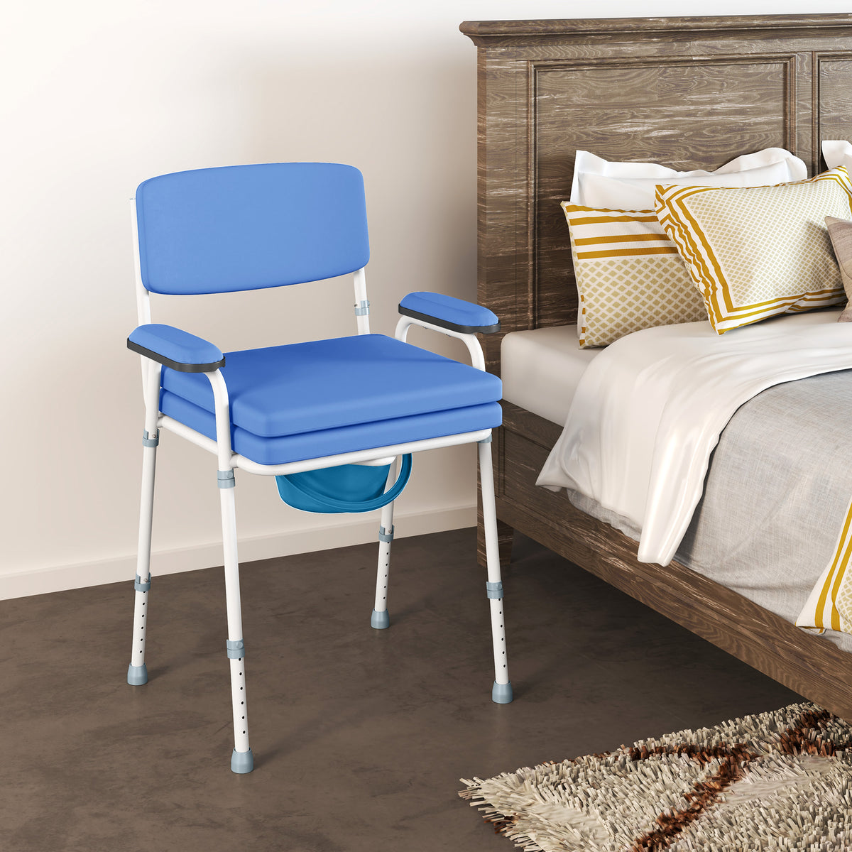 Chaise percée toilette multifonctions seau amovible hauteur réglable avec dossier siège et accoudoirs rembourrés bleu-9