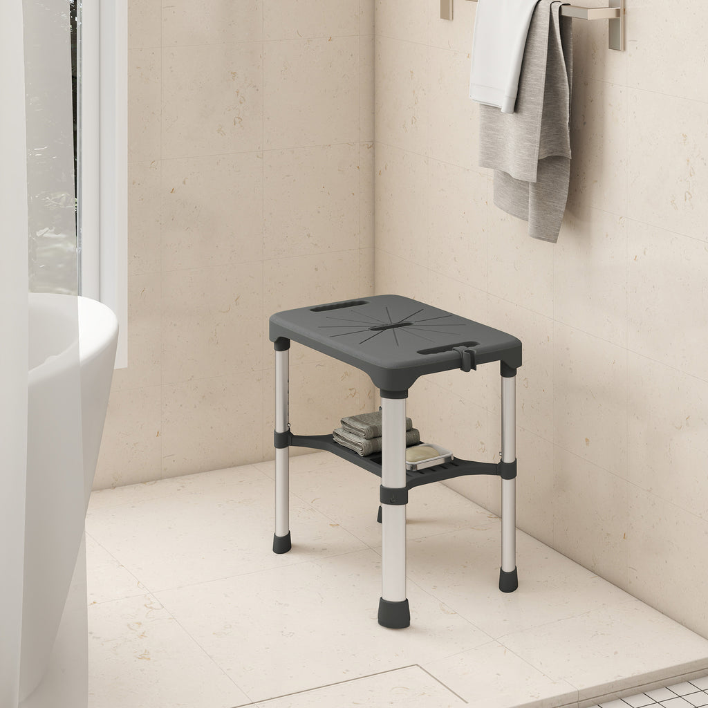 Tabouret de Douche Hauteur Ajustable avec Étagère Intégrée et Barre d'Appui à Ventouse pour Seniors et Handicapés, Gris-9
