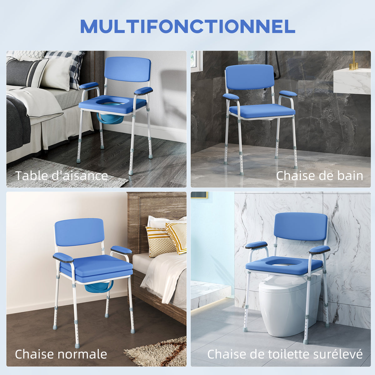 Chaise percée toilette multifonctions seau amovible hauteur réglable avec dossier siège et accoudoirs rembourrés bleu-3