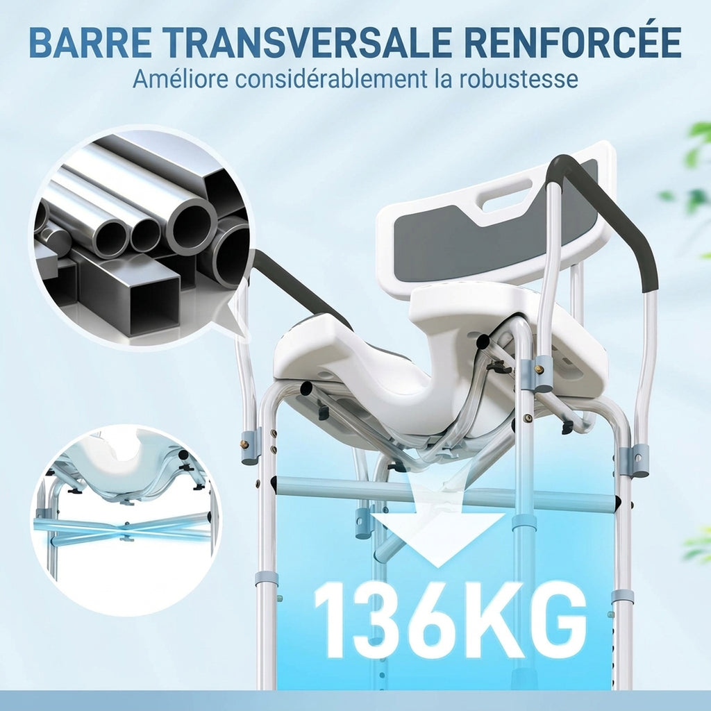 Tabouret de douche, tabouret de bain avec siège rembourrée en U amélioré et accoudoirs, hauteur réglable, gris-5