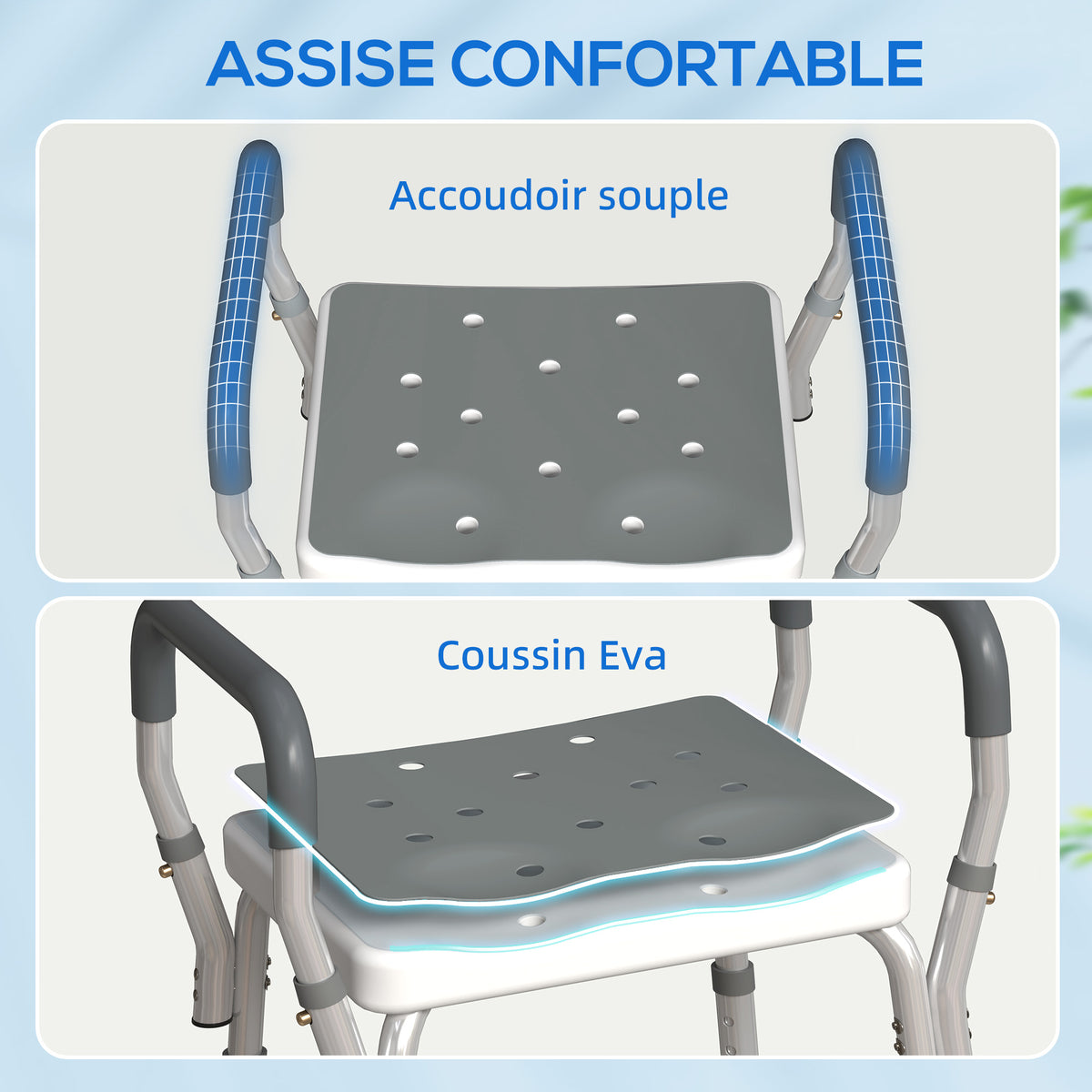Tabouret de douche réglable avec accoudoirs