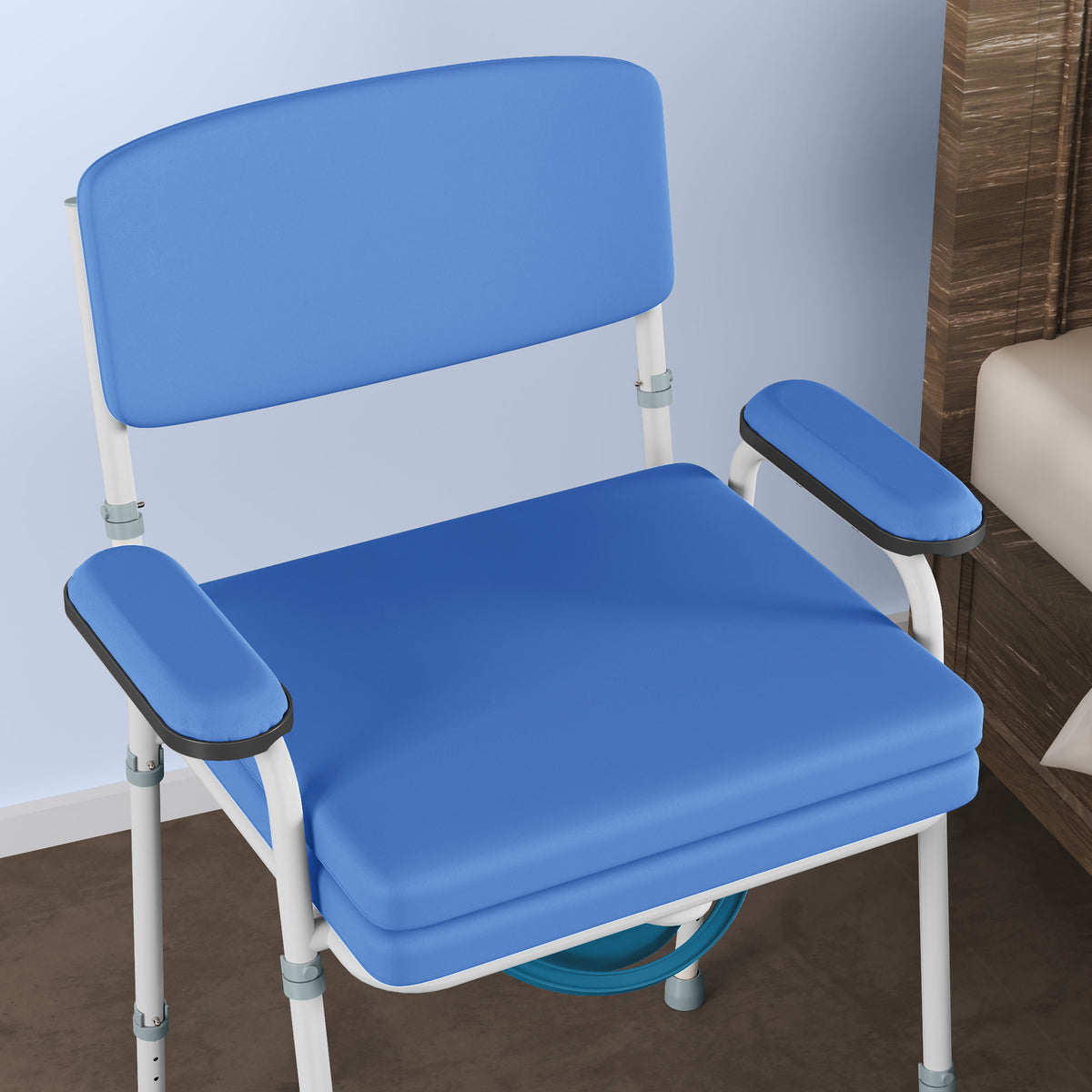 Chaise percée toilette multifonctions seau amovible hauteur réglable avec dossier siège et accoudoirs rembourrés bleu-8