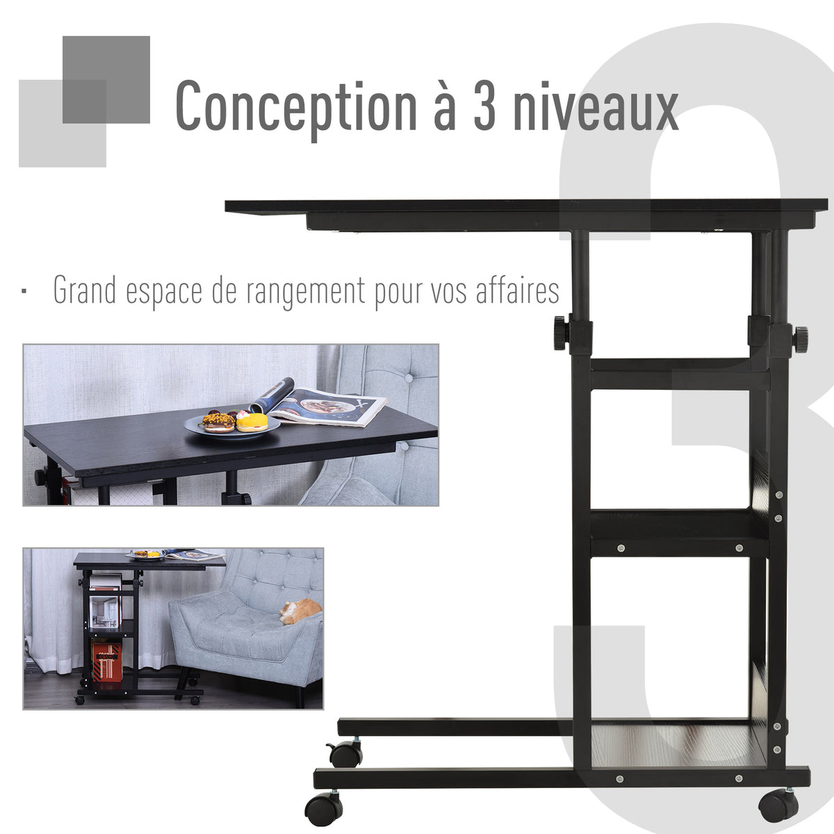 Table d'appoint Bout de canapé Table roulante Table de Lit pour Ordinateur Portable Hauteur réglable - 2 étagères intégrées - cadre métal Noir-4