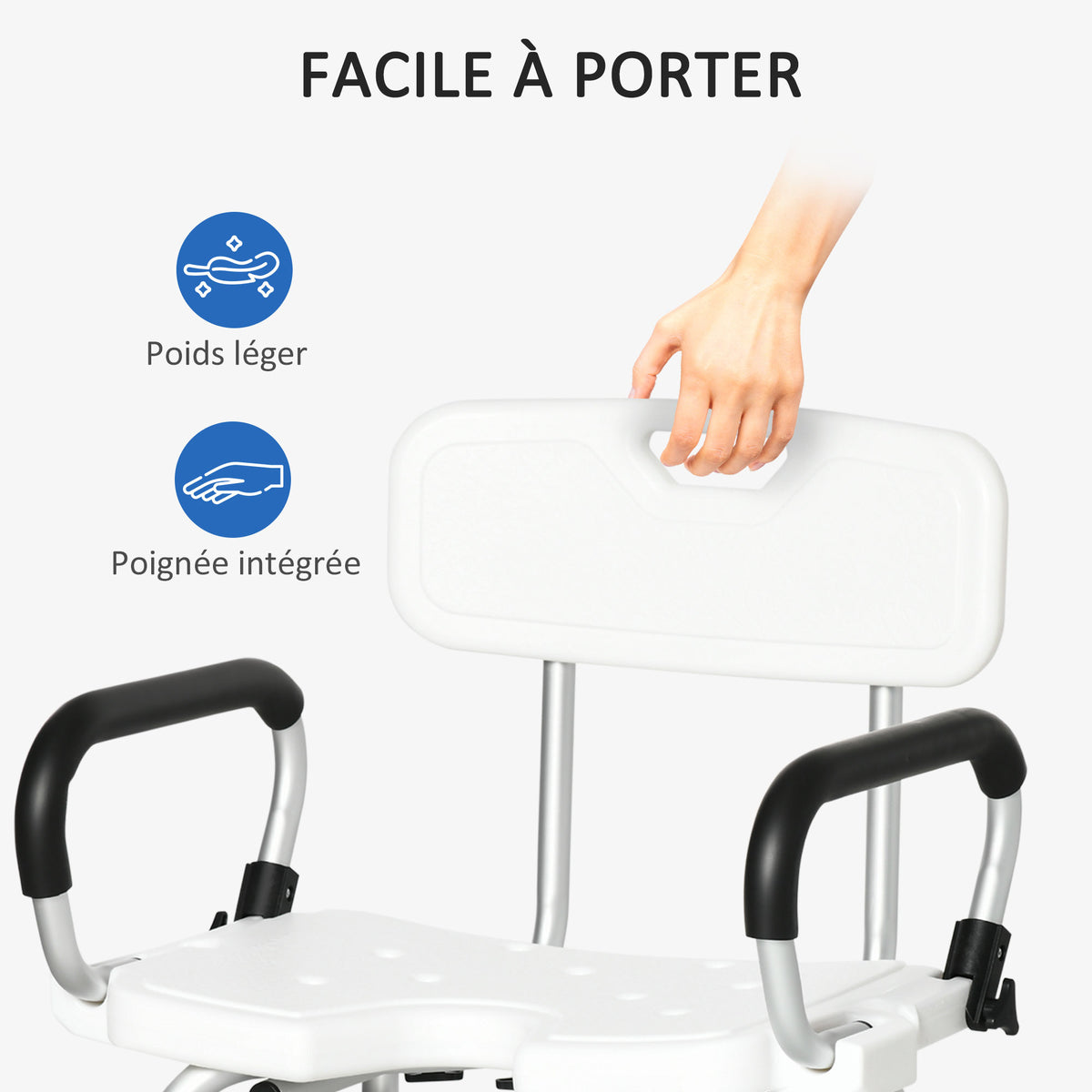 Chaise de douche réglable avec dossier et accoudoirs rabattables
