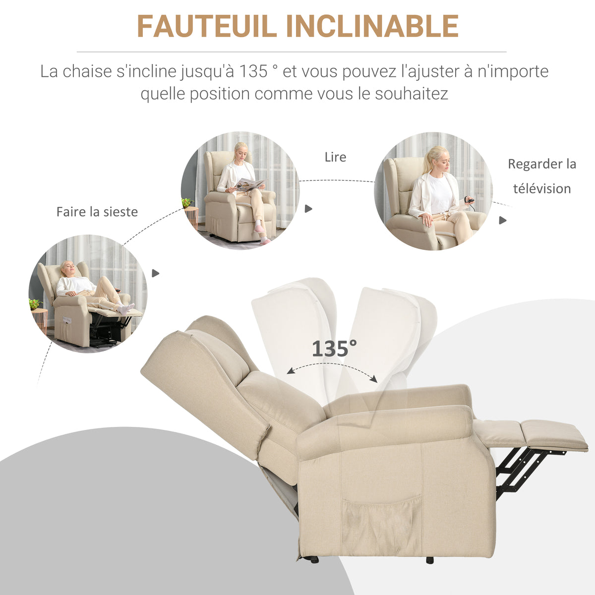 Fauteuil releveur électrique avec repose-pieds – lin crème