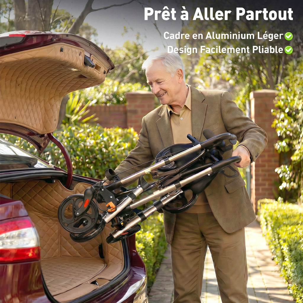 Déambulateur 4 Roues Pliable en Aluminium, Hauteur Réglable 6 Positions, Freins Doubles, Rangement, 64x67x92cm, Doré-5