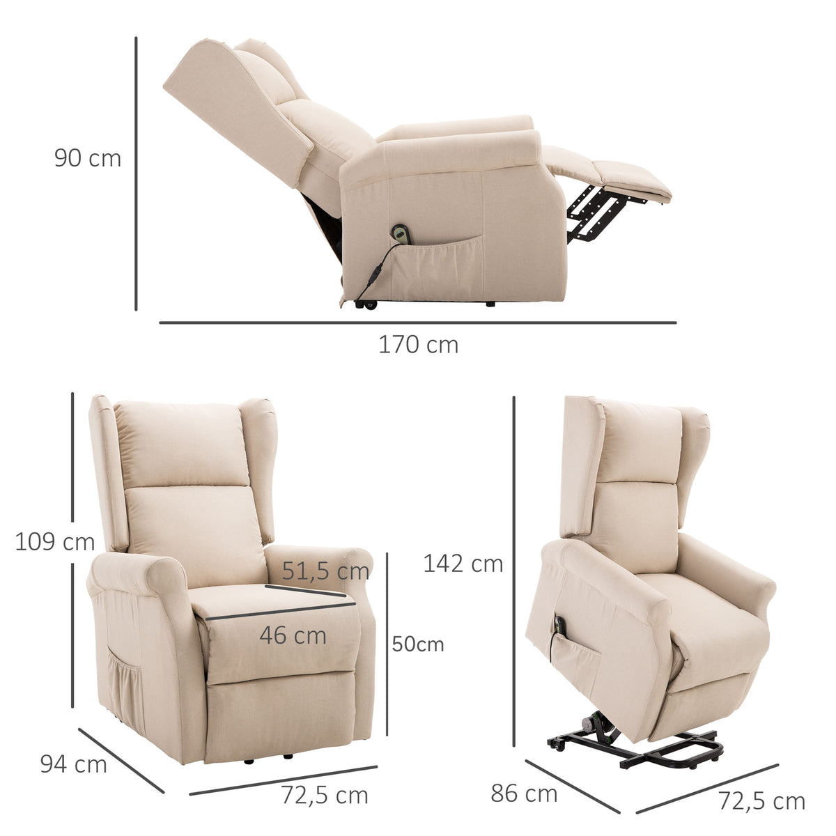 Fauteuil releveur électrique avec repose-pieds – lin crème