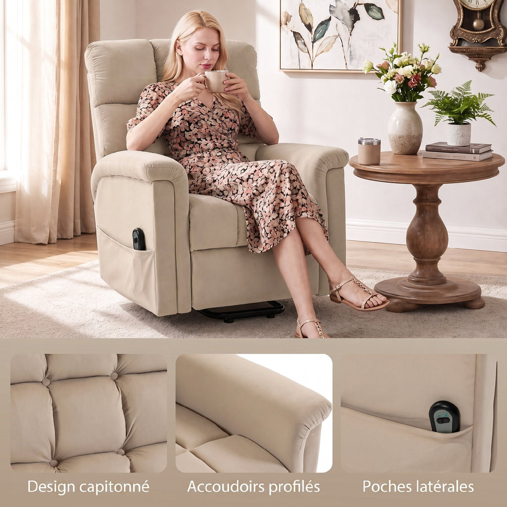 Fauteuil releveur électrique en velours avec télécommande – marron