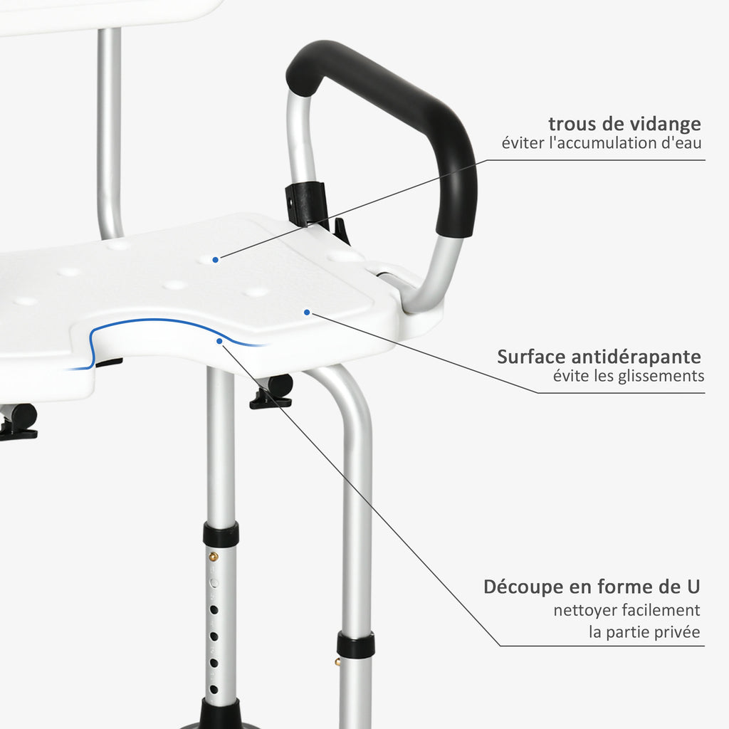 Chaise de douche réglable avec dossier et accoudoirs rabattables