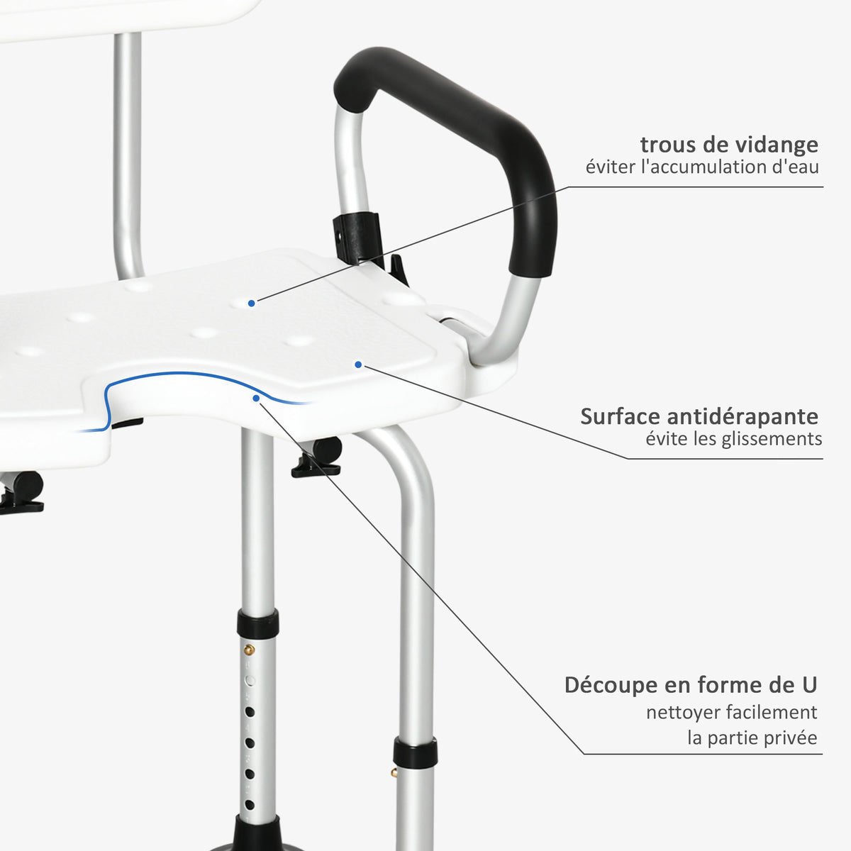 Chaise de douche réglable avec dossier et accoudoirs rabattables