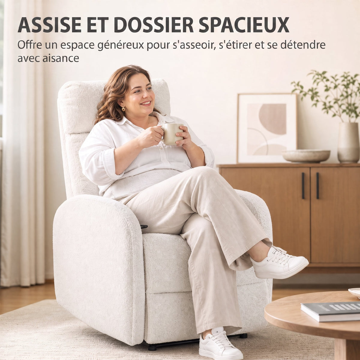 Fauteuil Relax Inclinable, Fauteuil de Relaxation en Peluche Teddy, Assise à Ressorts, Accoudoirs Rembourrés, Crème-4