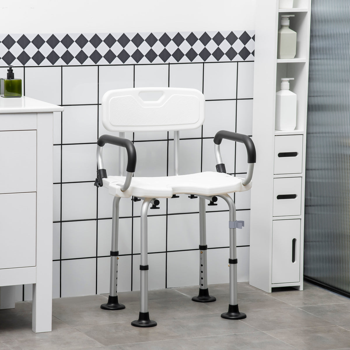 Chaise de douche réglable avec dossier et accoudoirs rabattables