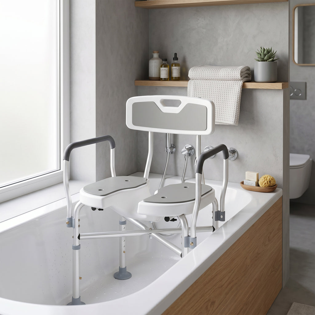 Tabouret de douche, tabouret de bain avec siège rembourrée en U amélioré et accoudoirs, hauteur réglable, gris-9