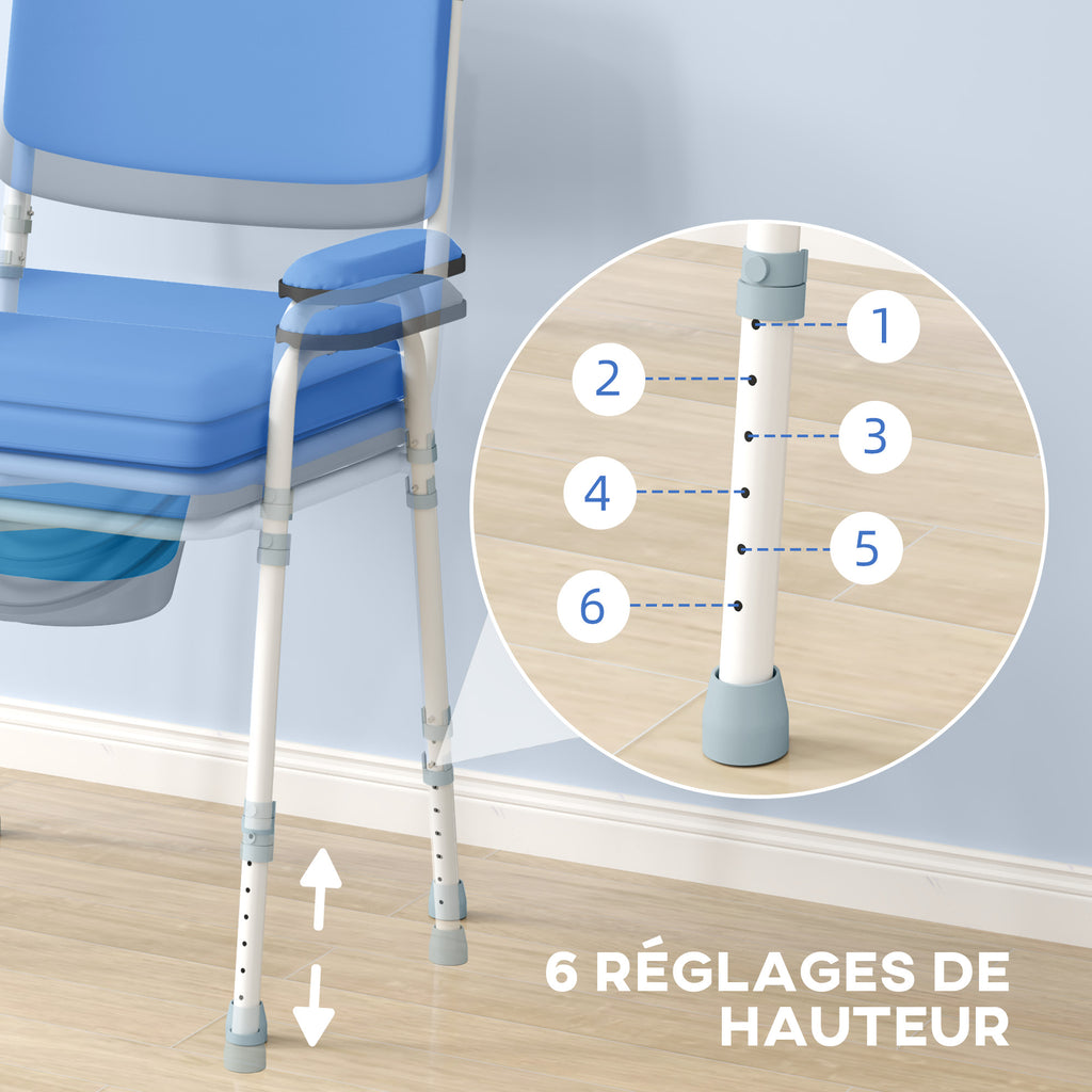 Chaise percée toilette multifonctions seau amovible hauteur réglable avec dossier siège et accoudoirs rembourrés bleu-4