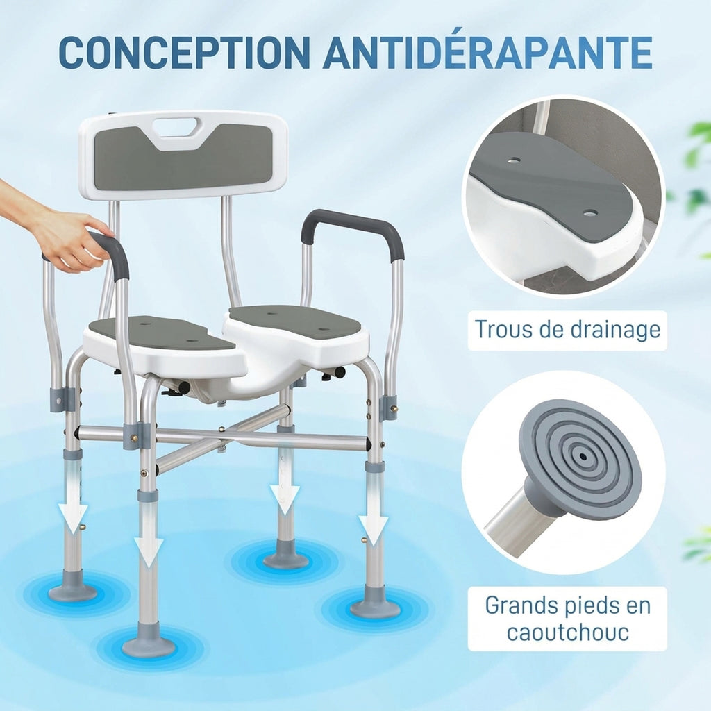 Tabouret de douche, tabouret de bain avec siège rembourrée en U amélioré et accoudoirs, hauteur réglable, gris-6