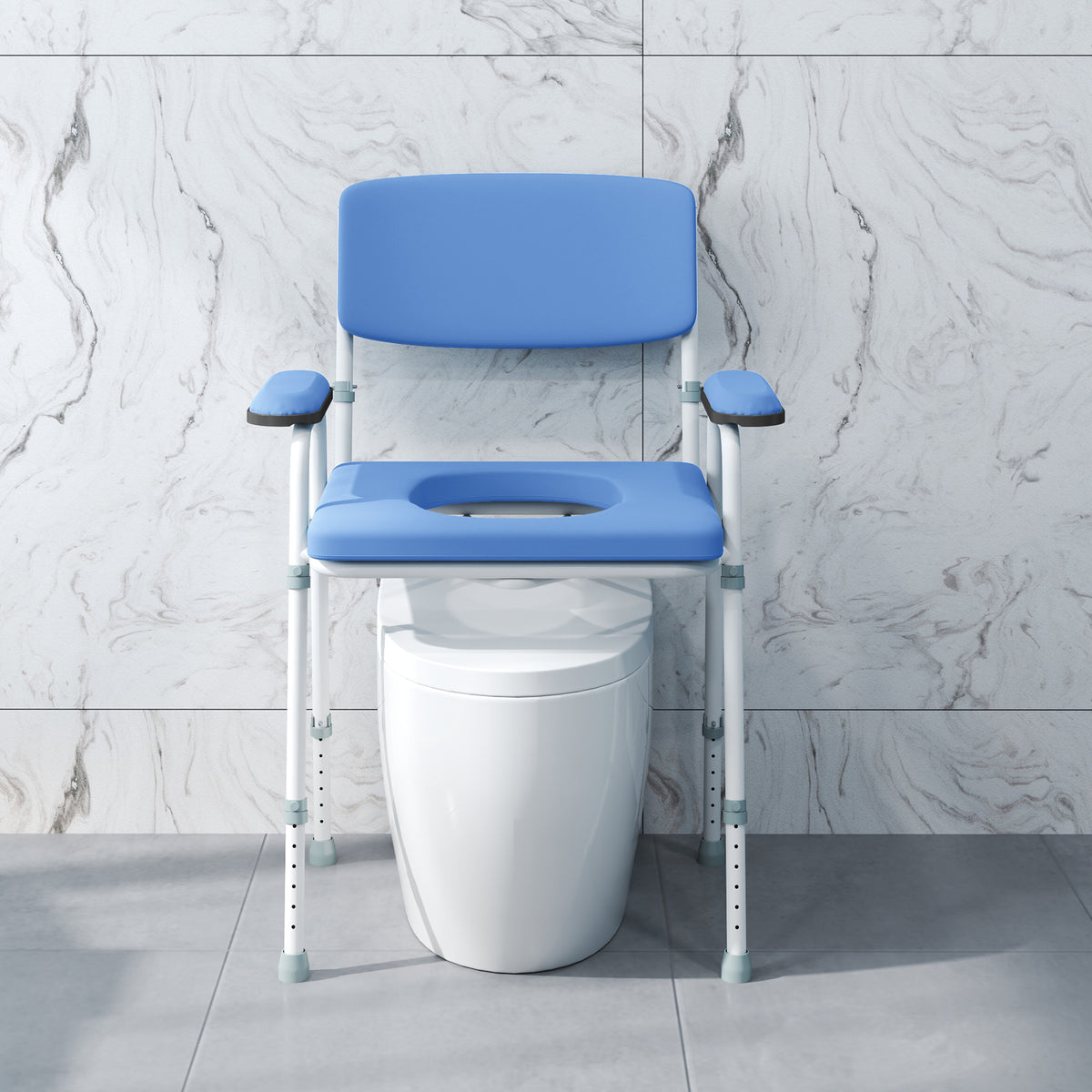 Chaise percée toilette multifonctions seau amovible hauteur réglable avec dossier siège et accoudoirs rembourrés bleu-7