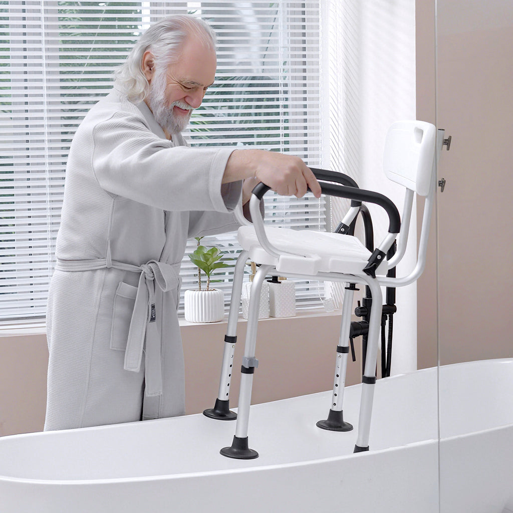 Chaise de douche réglable avec dossier et accoudoirs rabattables